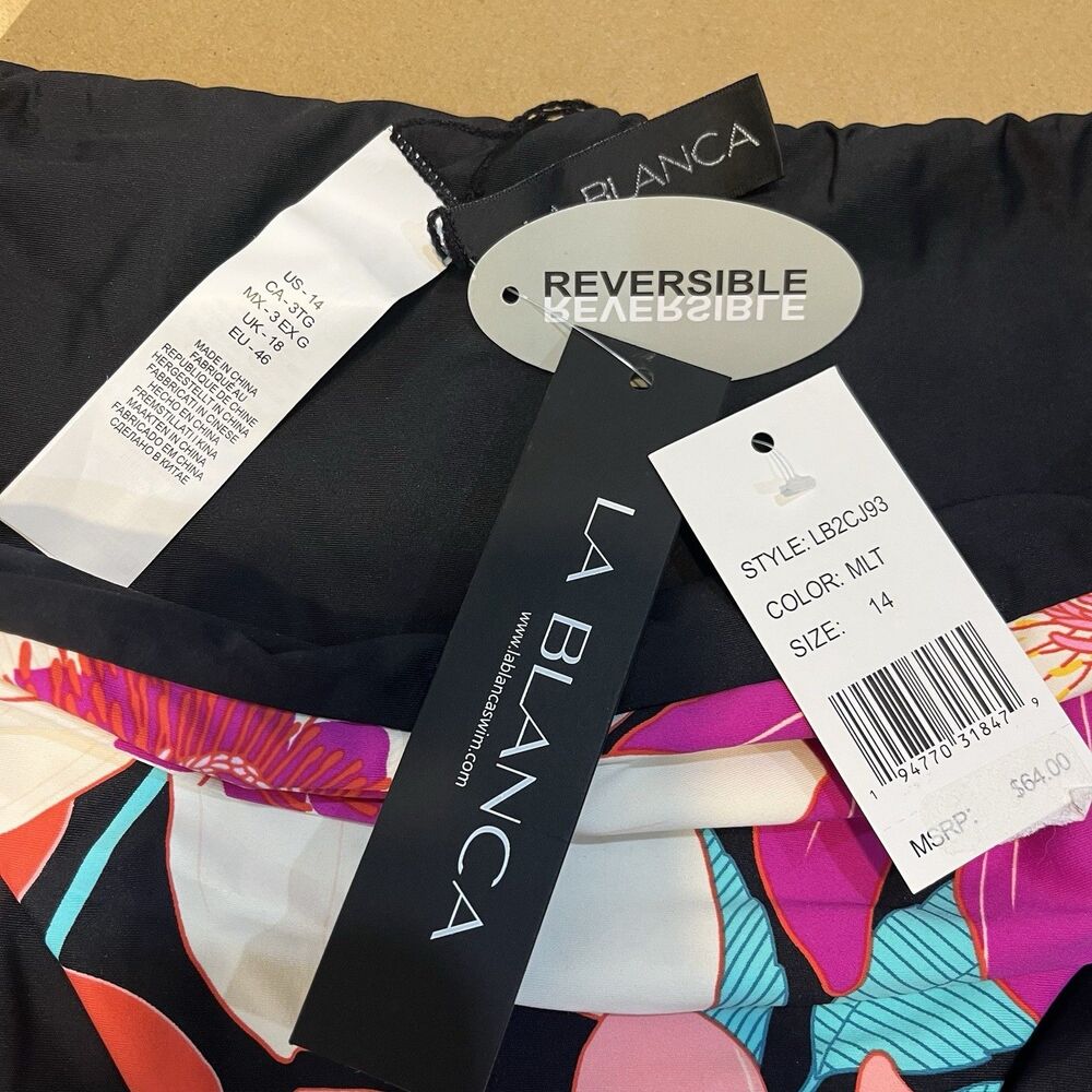 NWT La Blanca Black Floral Reversible Bikini Bottoms Size 14 Swim - Picture 3 of 3